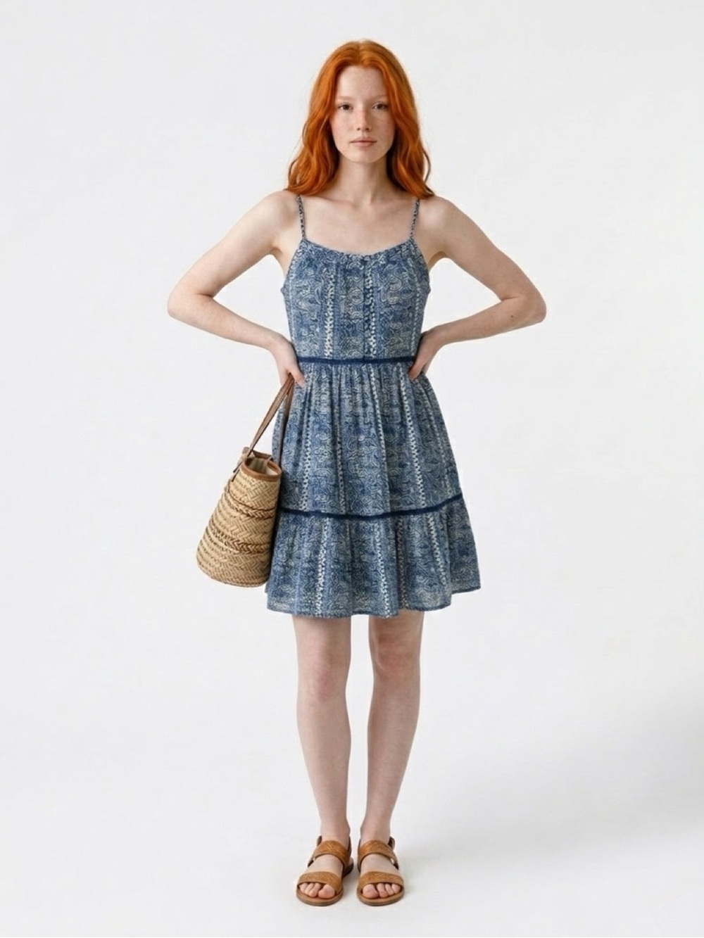 Urban Outfitters Blue and White Tiered Mini Sundress Crocheted Details Cottage